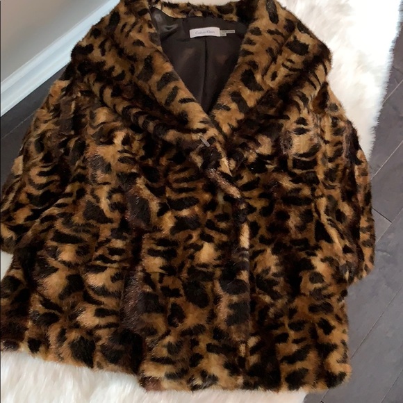 Calvin Klein faux fur leopard brown black coat - Picture 5 of 9